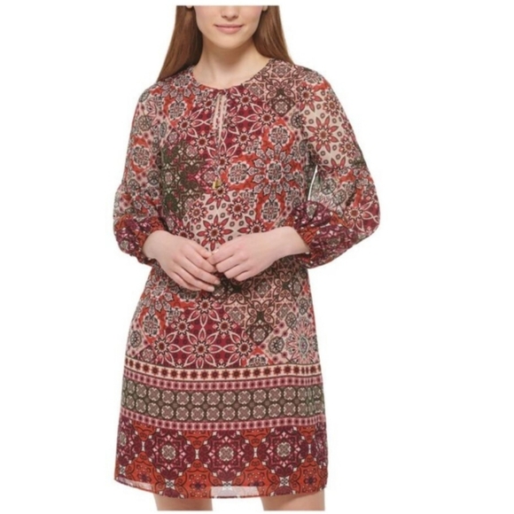 VINCE CAMUTO Womens Orange Tie Lined 3/4 Sleeve Split Shift Dress sz 8 - Picture 1 of 10